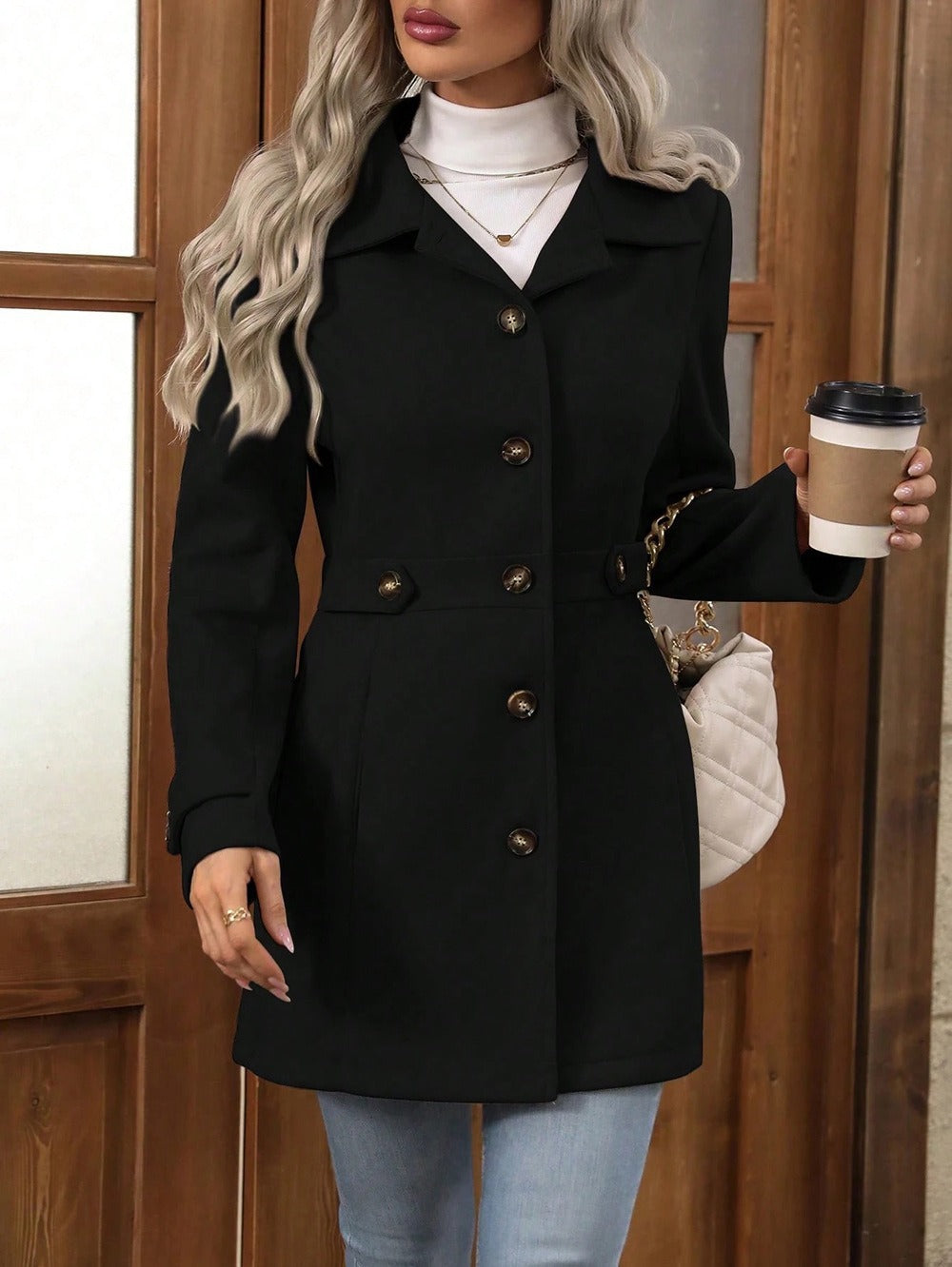 Women tailored button-up short coat with lapel collar and belt details Mune Fashion