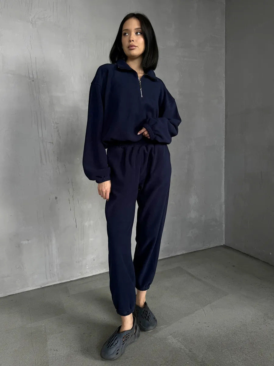 Women's Casual Fleece Jogging Suit Set with Stand Collar and Half-Zip Mune Fashion