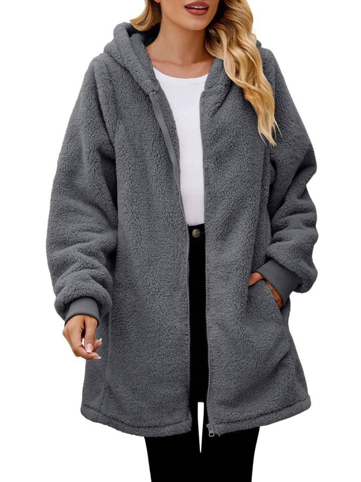 Women's knee-length soft teddy parka with hood, elastic cuffs, and two-way zipper Mune Fashion