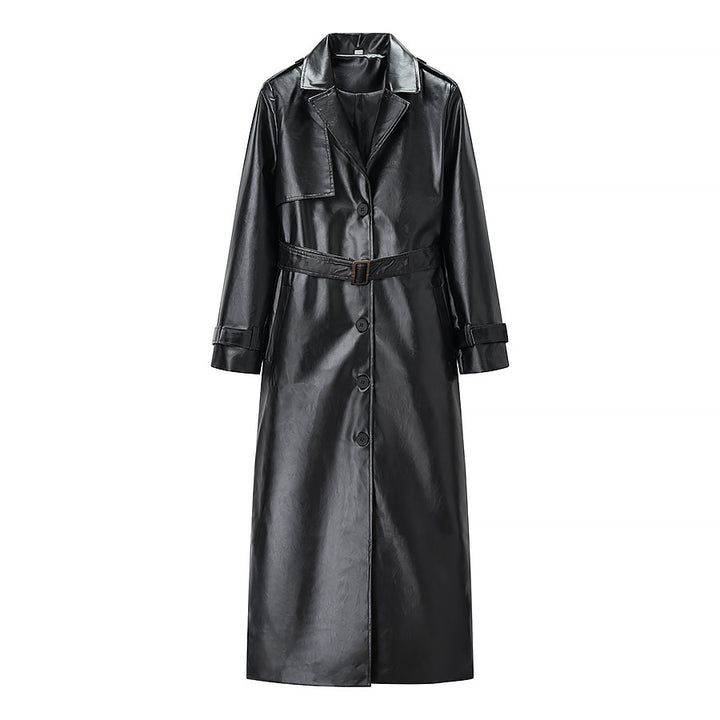 Women Longer Trench Coat in Leather Look with Tie Belt and Epaulettes Mune Fashion