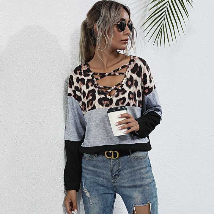 Women's Long Sleeve Shirt with Leopard Print Lacing Detail and Colorblock Mune Fashion