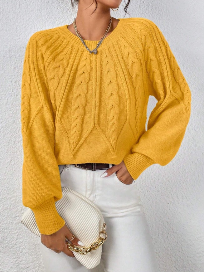 Women's short cable knit sweater with balloon sleeves and ribbed hem Mune Fashion