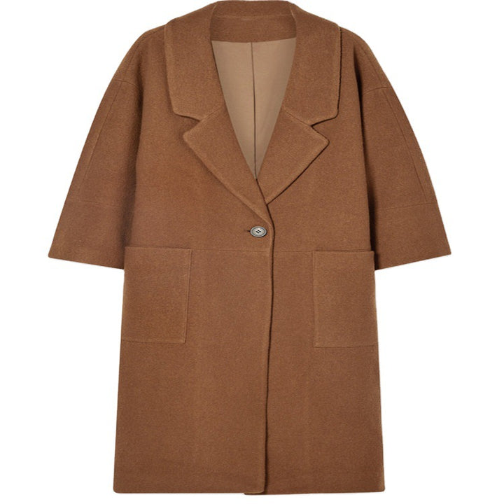 Women's Long Oversized Coat in Relaxed Wool Blend with Large Shawl Collar and Patch Pockets Mune Fashion