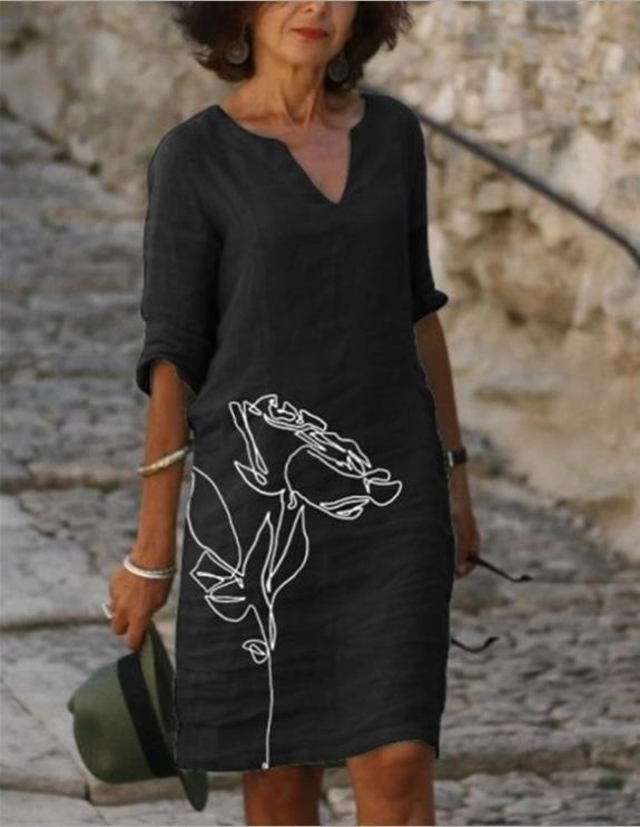 Ladies casual linen dress with V-neck and floral all-over pattern, knee-length with three-quarter sleeves Mune Fashion