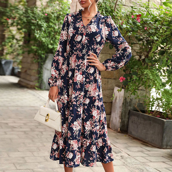 Ladies Floral Viscose Midi Dress with V-Neck, Waist Seam and Tiered Skirt Mune Fashion