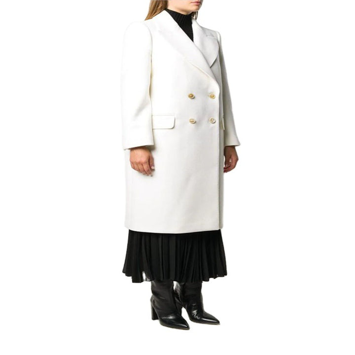 Women Slim Double-Breasted Wool Blend Long Coat with Shawl Collar, Gold Button Detail and Flap Pockets Mune Fashion