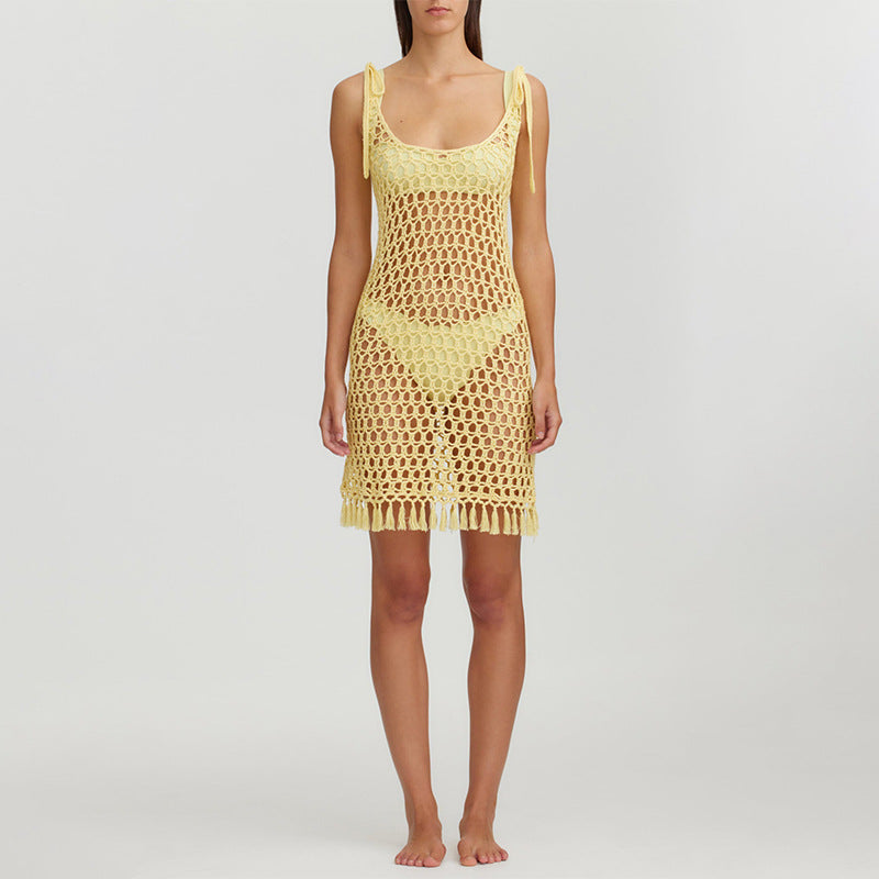 Women's transparent crochet beach cover-up with fringes Mune Fashion