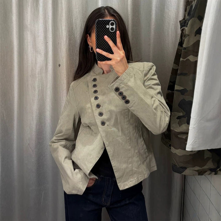Women Asymmetrical Short Jacket with Double Decorative Button Placket and Stand Collar Mune Fashion