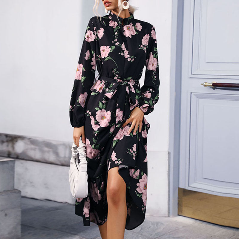 Women Elegant Floral Maxi Dress with Ruffles and Belt Mune Fashion