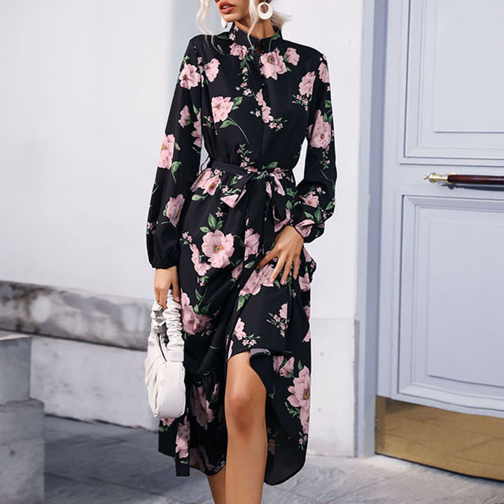 Women Elegant Floral Maxi Dress with Ruffles and Belt Mune Fashion
