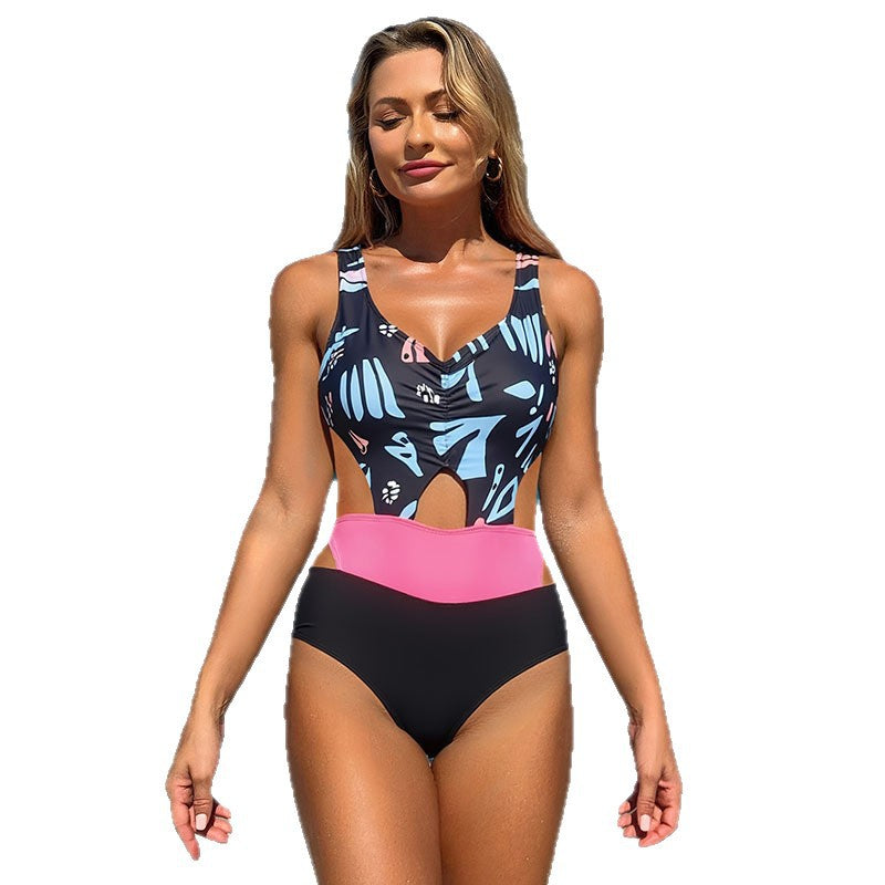 Ladies' one-piece swimsuit with fashion cut-out and colorful pattern Mune Fashion
