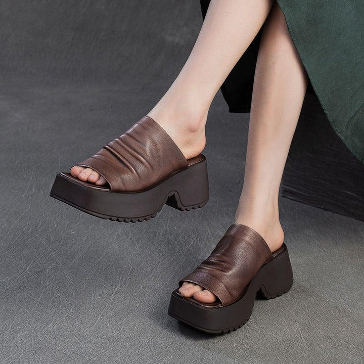 Women's Padded Platform Slides with Sculpted Profile Sole and Gathered Leather Upper Mune Fashion