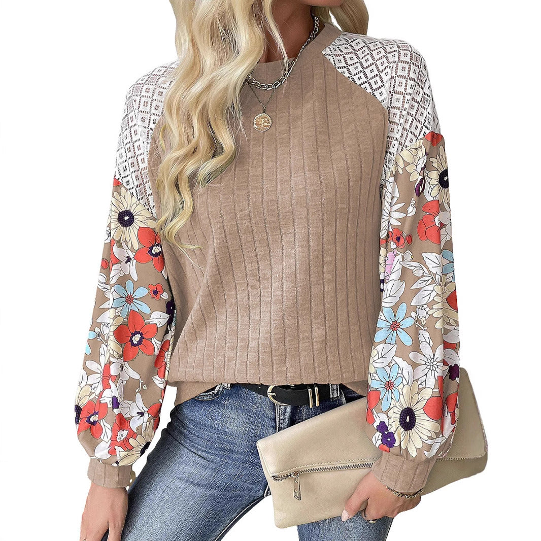 Women's pullover with ribbed structure, crochet raglan and floral balloon sleeves Mune Fashion