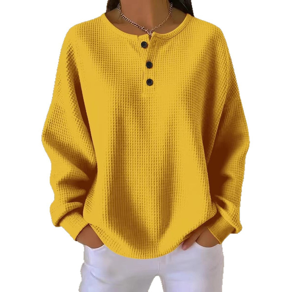 Women Oversize Waffle Knit Henley Shirt with Placket and Round Neck Mune Fashion
