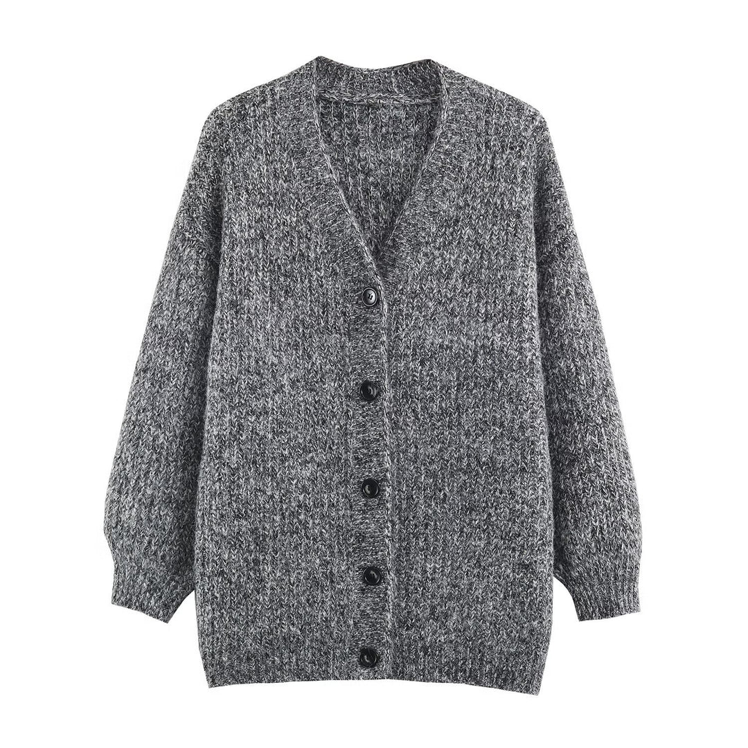 Women Oversized Chunky Knit Cardigan with Deep V-Neck, Ribbed Texture and Balloon Sleeves Mune Fashion