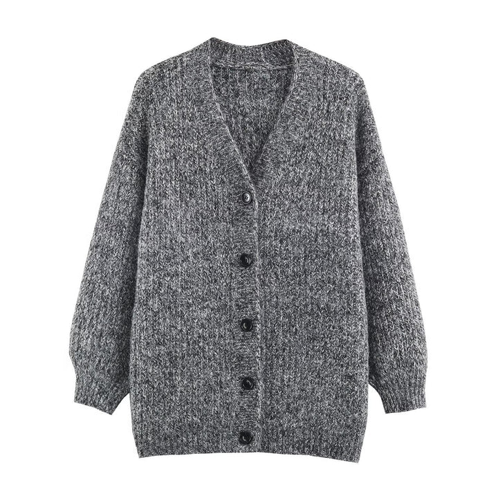 Women Oversized Chunky Knit Cardigan with Deep V-Neck, Ribbed Texture and Balloon Sleeves Mune Fashion