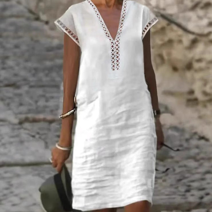 Women nan lightweight linen midi dress with V-neck and crocheted lace trim Mune Fashion