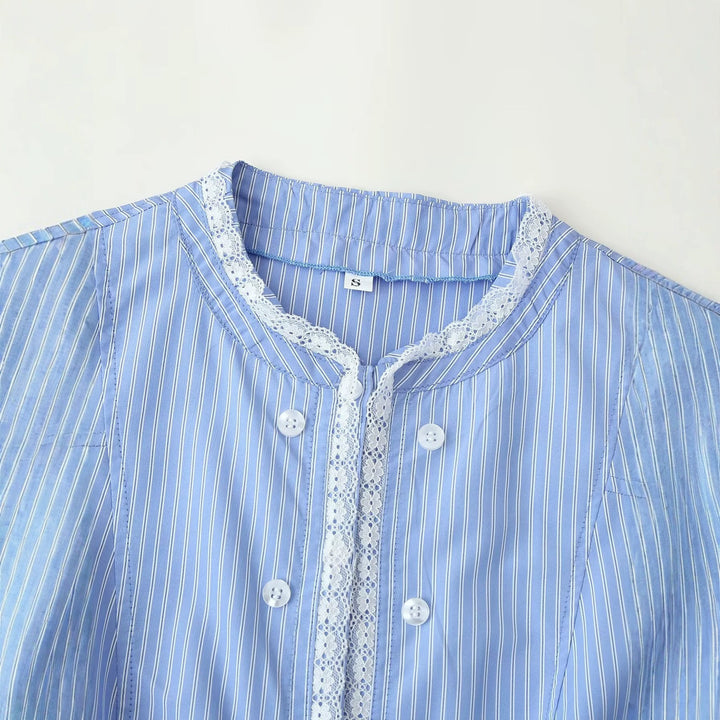 Women's Cropped Blouse Jacket with Double-breasted Button Placket and Lace Trimmings Drune