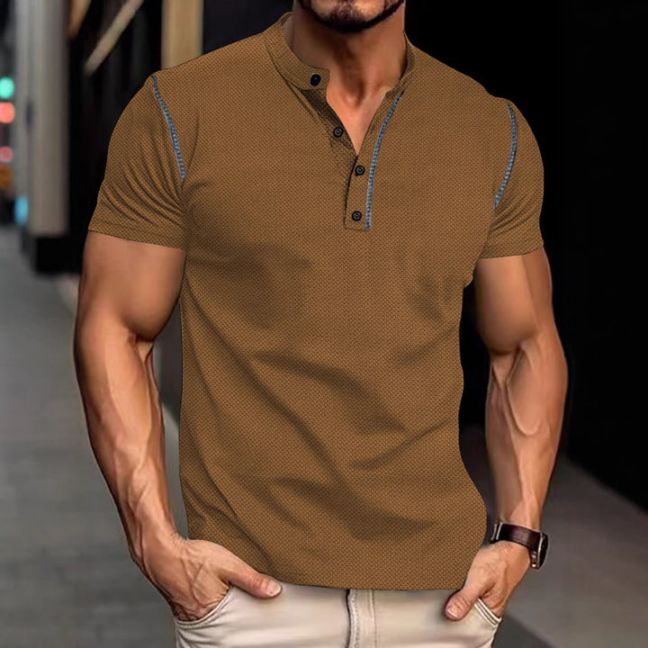 Men's tapered structured polo shirt with stand-up collar and decorative piping Mune Fashion