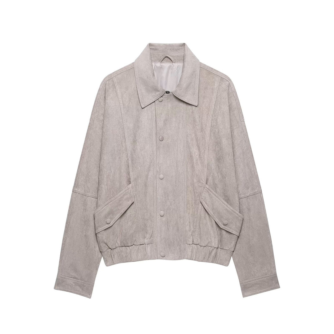 Women Oversized Suede-Like Bomber Jacket with Flap Pockets and Elastic Hem Mune Fashion