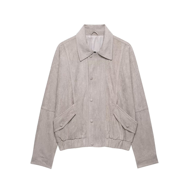 Women Oversized Suede-Like Bomber Jacket with Flap Pockets and Elastic Hem Mune Fashion