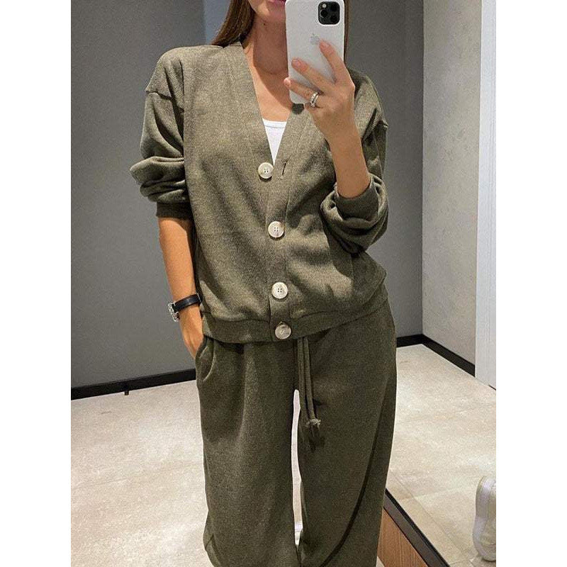 Women's Knit Loungewear Set with V-Neck Cardigan and Wide Drawstring Pants Mune Fashion