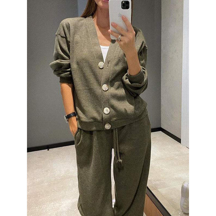 Women's Knit Loungewear Set with V-Neck Cardigan and Wide Drawstring Pants Mune Fashion