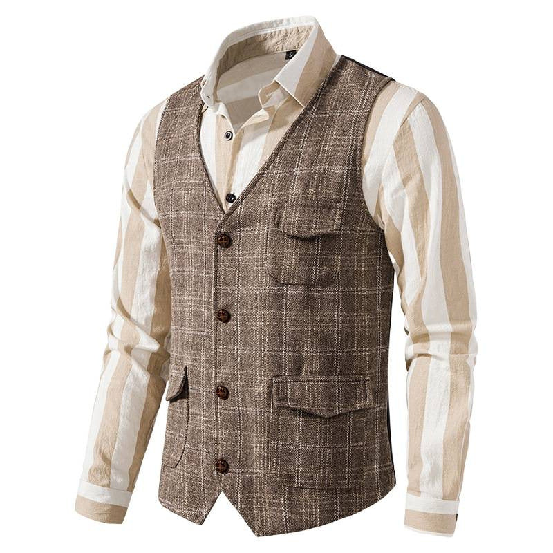 Men's checked wool blend gilet with chest pocket and patch side pockets Mune Fashion