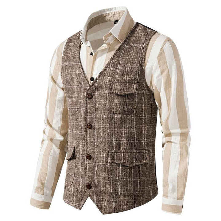 Men's checked wool blend gilet with chest pocket and patch side pockets Mune Fashion