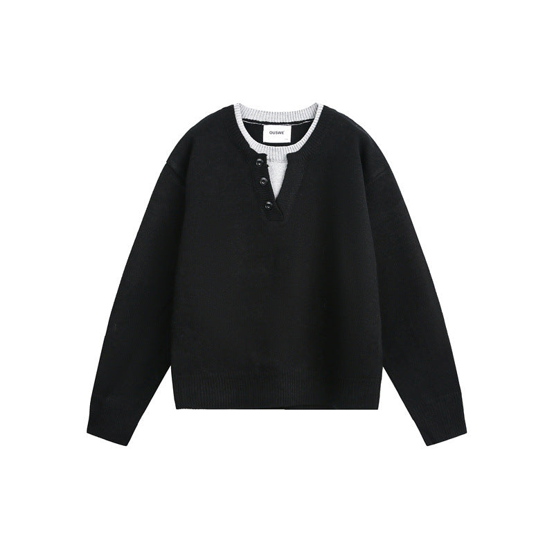 Unisex Chunky Knit Sweater with V-button Placket and Layered Collar Mune Fashion