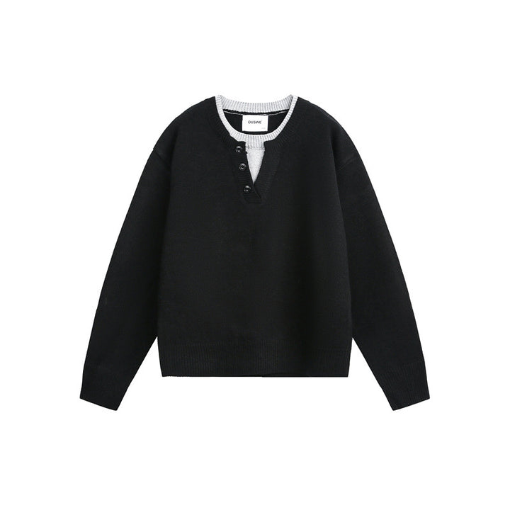 Unisex Chunky Knit Sweater with V-button Placket and Layered Collar Mune Fashion