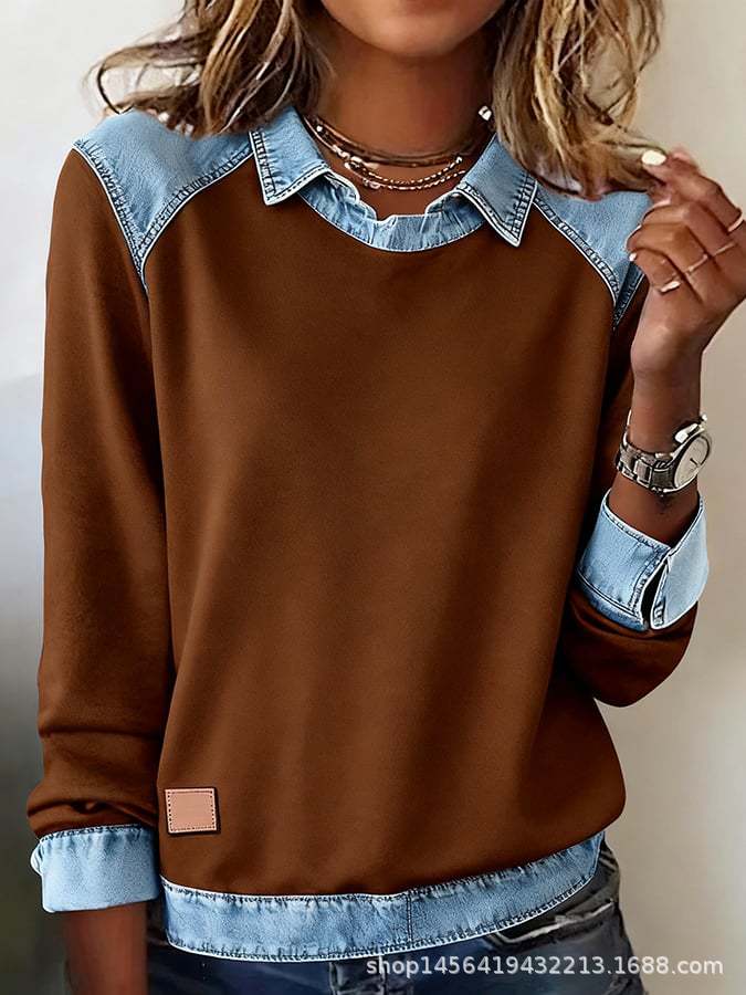 Women's knit sweater with denim collar and button placket Mune Fashion