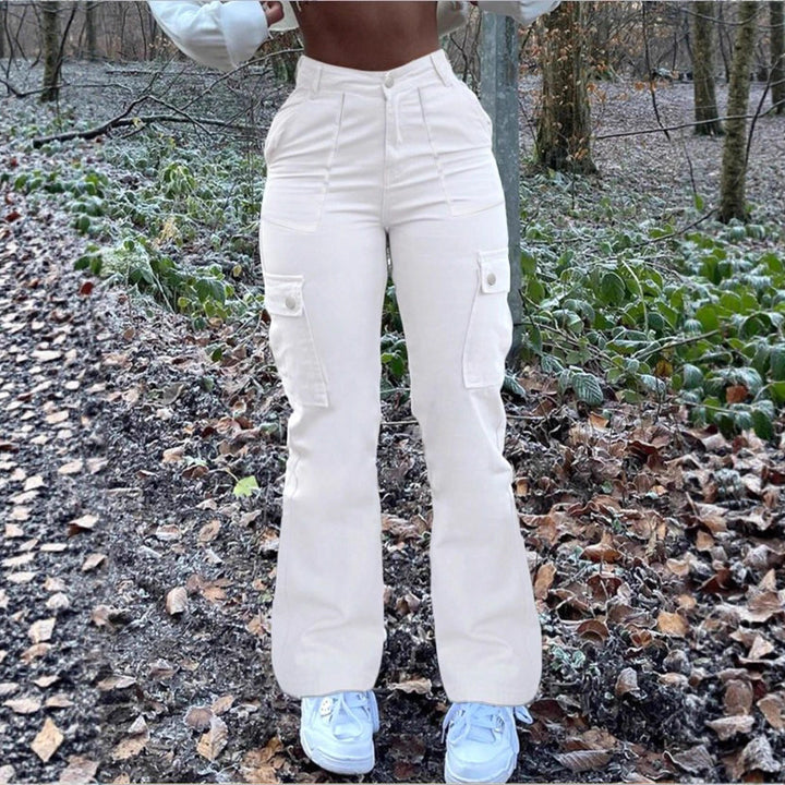 Women’s high-waisted cargo jeans with flared hem and functional flap pockets Mune Fashion