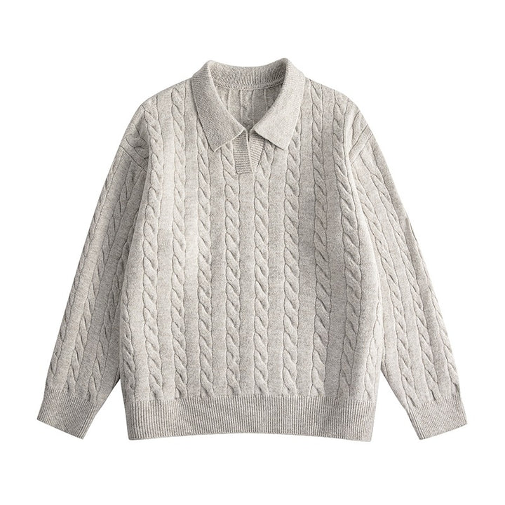 Women's Oversized Cable Knit Polo Sweater with V-Neck and Ribbed Hem Mune Fashion