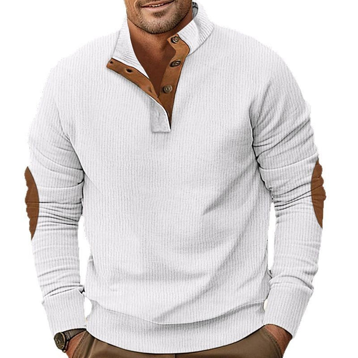 Men's ribbed Henley long sleeve shirt with stand collar and leather elbow patches Mune Fashion