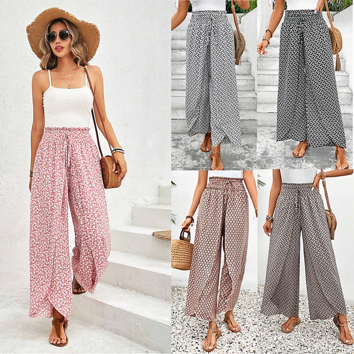 Women's Palazzo Pants with Wide Leg and Gathered Elastic Waistband Mune Fashion