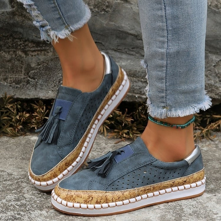 Women's Slip-On Wedge Sneakers with Cork Platform, Tassels and Perforated Upper Mune Fashion