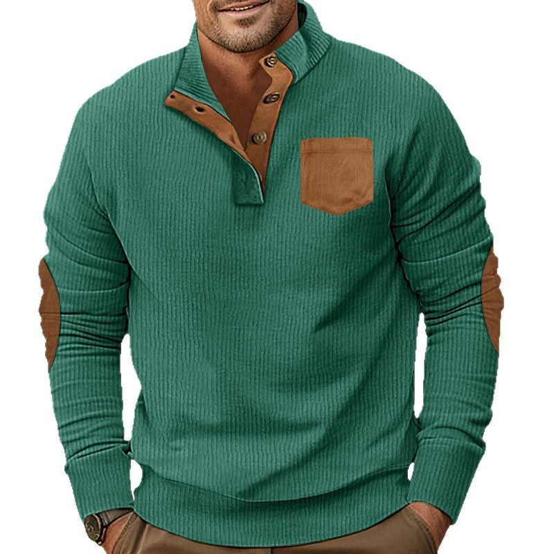 Men's structured half-button Troyer with Kent collar, chest pocket, and leather-look elbow patches Mune Fashion