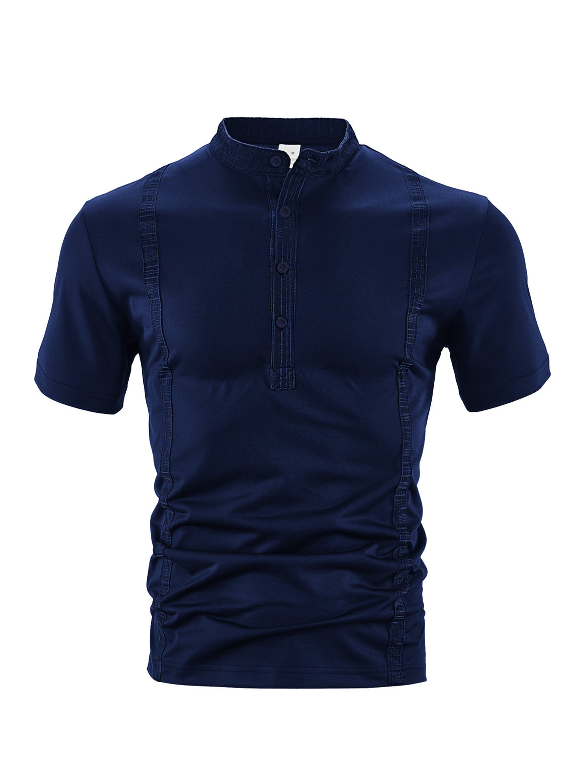 Men's short sleeve stand collar shirt with concealed button placket, decorative piping and fitted silhouette Mune Fashion