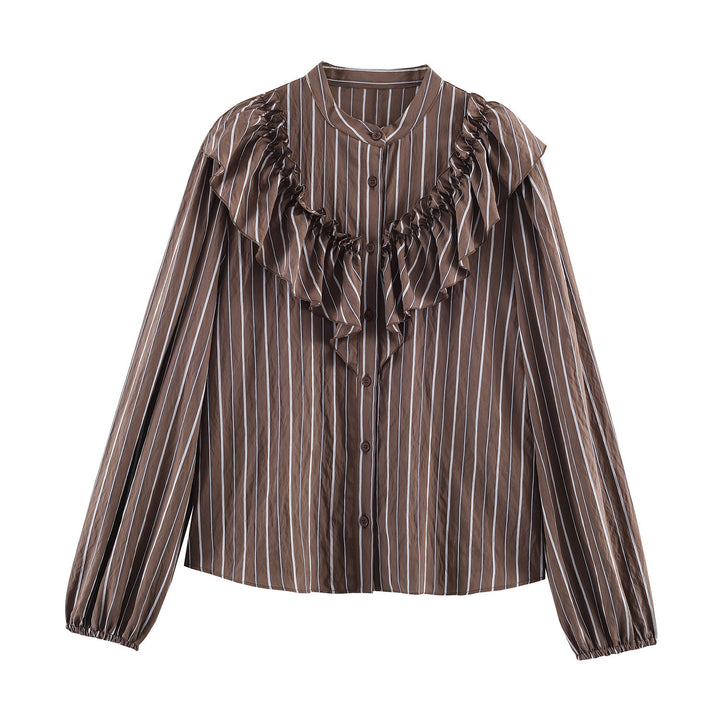 Women's Ruffle Blouse with Stand Collar, Fine Stripes and Gathered Sleeves Mune Fashion