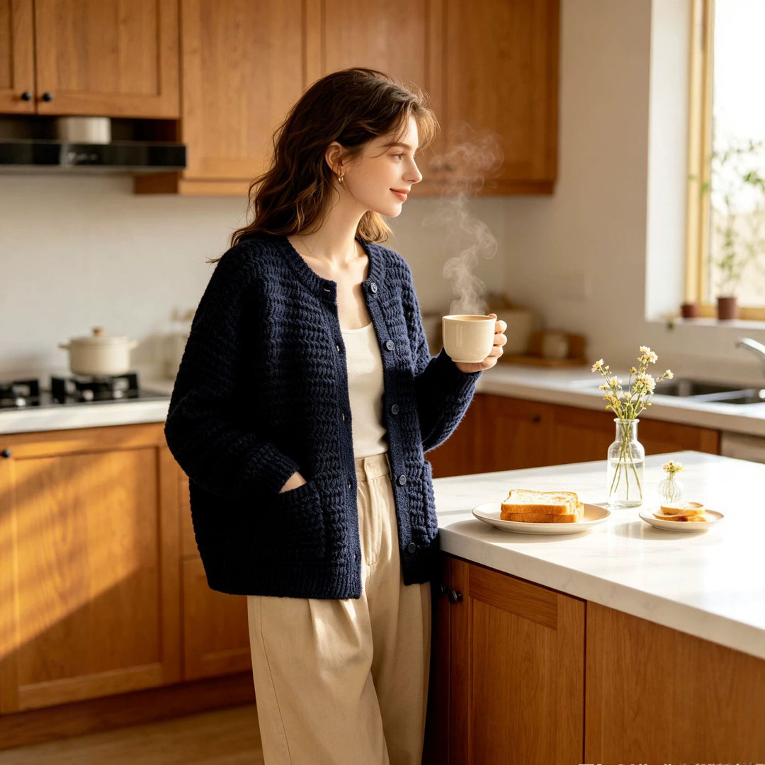 Ladies chunky knitted oversized cardigan with button placket and patch pockets Mune Fashion