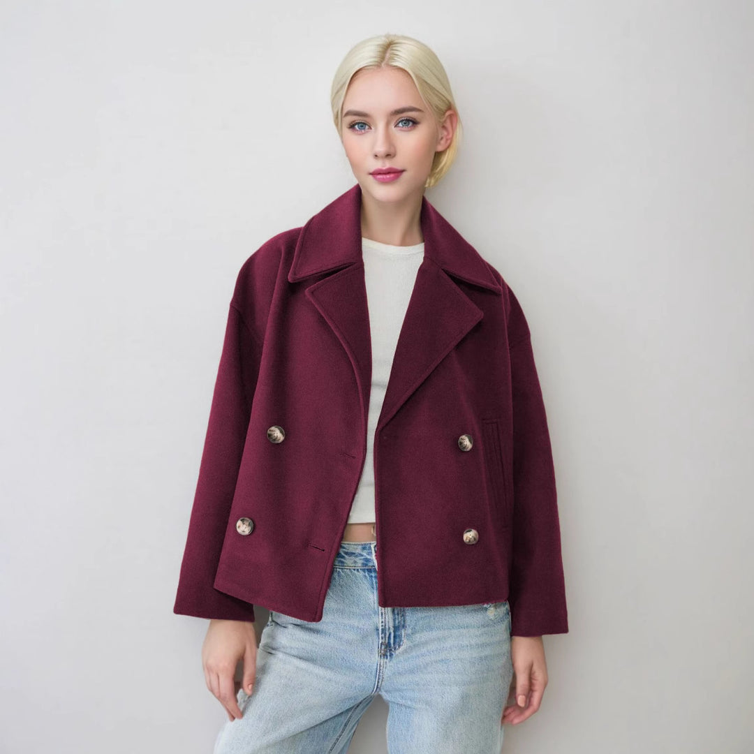 Women's short double-breasted wool blend coat jacket in boxy cut with wide lapel collar Mune Fashion