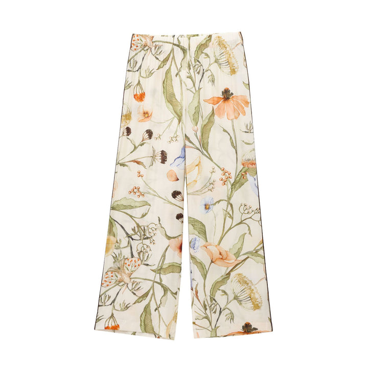 Women's wide high-waisted satin pants with floral all-over print and elastic waistband Mune Fashion
