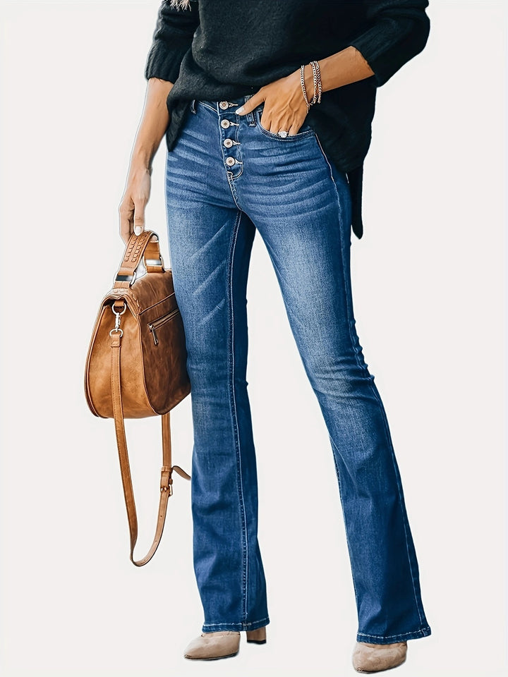 Women High-Waisted Button-Fly Flared Jeans with Sculpting Center Seam Mune Fashion