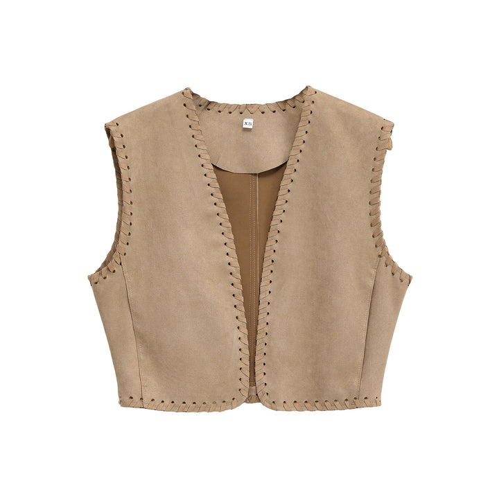 Women's Short Suede-Look Vest with Decorative Whipstitch and Tailored Darts Mune Fashion