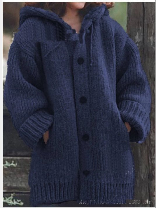Women's loose-fitting hoodie knit coat with button placket and side pockets Mune Fashion