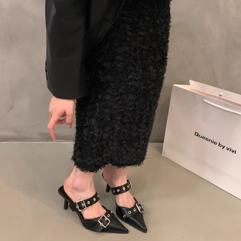 Women's pointed toe mule slippers with double buckle strap, eyelet detail, and low kitten heel Mune Fashion