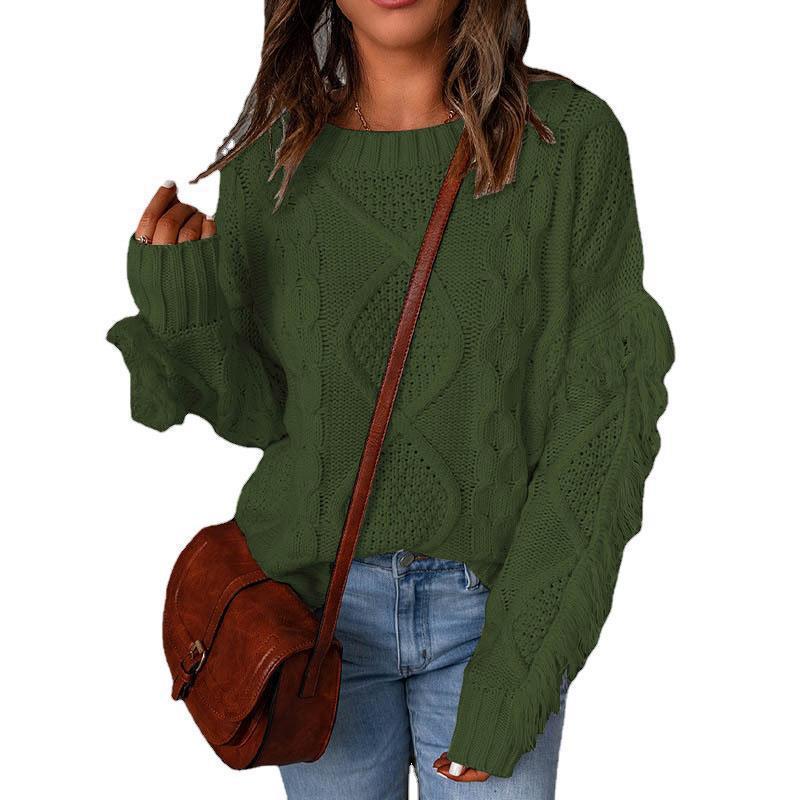 Women chunky knit sweater with cable knit structure, fringed sleeves and casual oversized fit Mune Fashion
