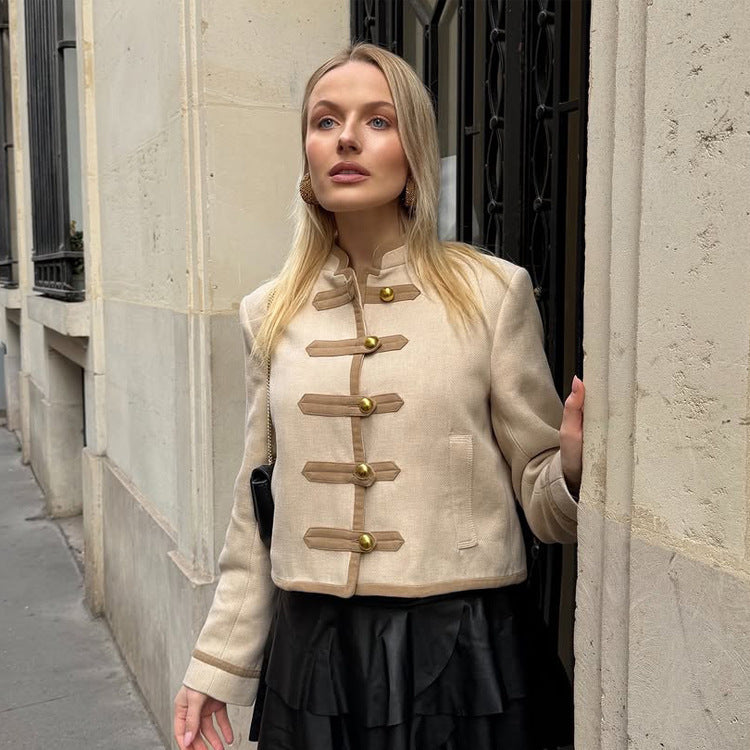 Women Short Military Inspired Jacket with Stand Collar and Decorative Button Placket Mune Fashion