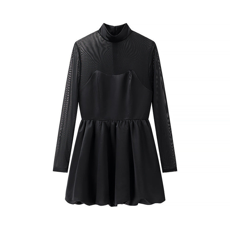 Women's short mesh overlay skater dress with high collar and fitted corset Mune Fashion